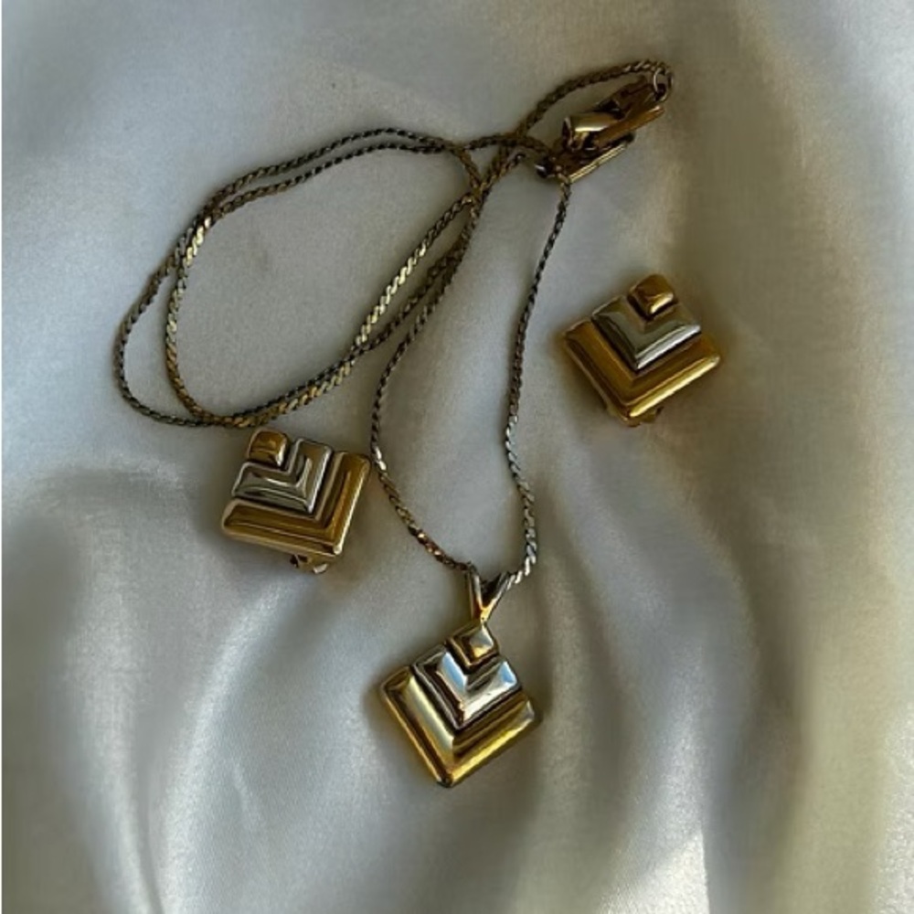 Vintage Nina Ricci Gold and Silver Geometric Pendant Necklace and Earring Set